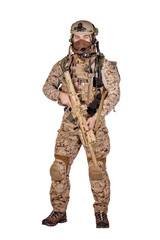 Special forces soldier with rifle on white background. army, military and people concept