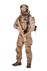 Special forces soldier with rifle on white background. army, military and people concept