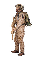 Special forces soldier with rifle on white background. army, military and people concept