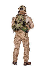 Special forces soldier with rifle on white background. army, military and people concept