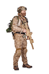 Special forces soldier with rifle on white background. army, military and people concept