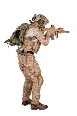 Special forces soldier with rifle on white background. army, military and people concept
