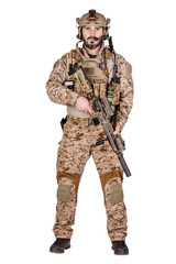 Special forces soldier with rifle on white background. army, military and people concept