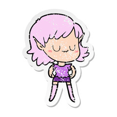 distressed sticker of a happy cartoon elf girl