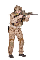 Special forces soldier with rifle on white background. army, military and people concept