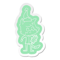 cartoon  sticker of a friendly fox manager wearing santa hat
