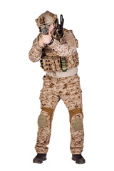 Special forces soldier with rifle on white background. army, military and people concept