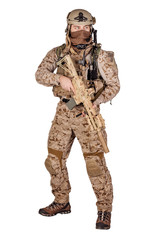 Special forces soldier with rifle on white background. army, military and people concept