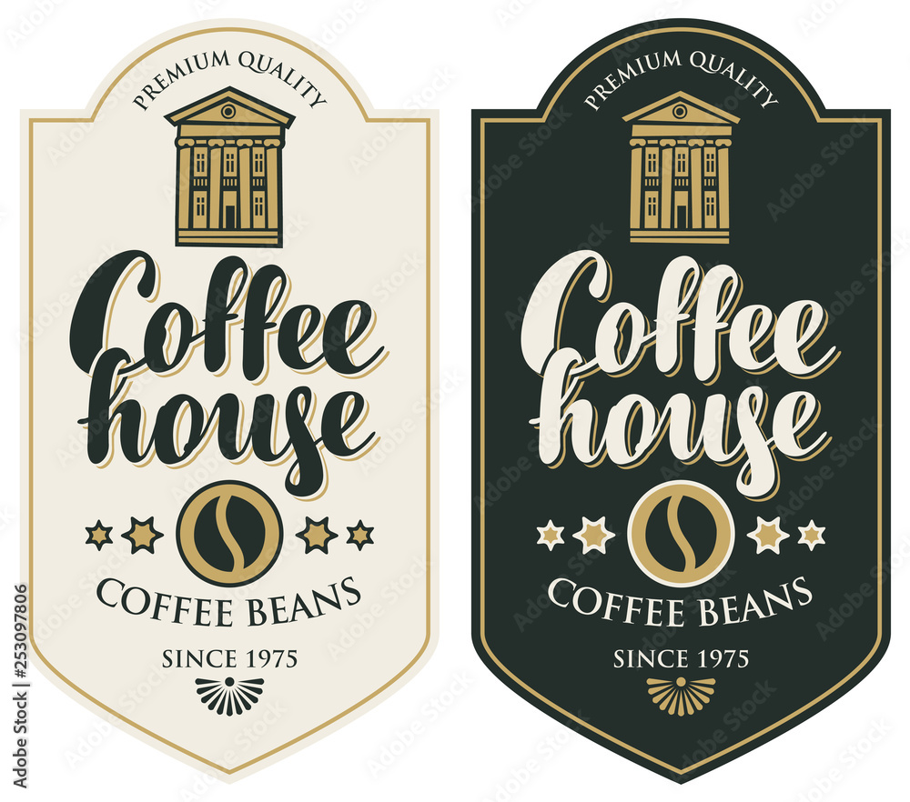 Poster vector set of coffee labels. coffee labels with coffee bean in figured frame in retro style with ins