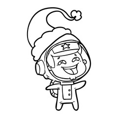 Obraz premium line drawing of a laughing astronaut wearing santa hat