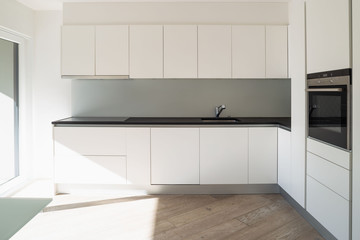 White minimalist modern kitchen front view