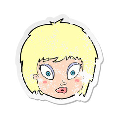 retro distressed sticker of a cartoon surprised female face