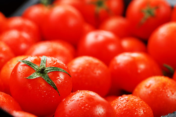 Fresh cherry tomatoes with green leaves. Background red tomatoes.