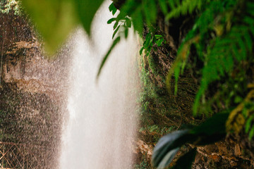 View on the Dambri waterfall in Bao Loc in Vietnam surrounded by palm leaves