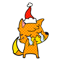 crying fox comic book style illustration of a wearing santa hat