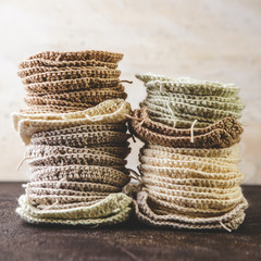 Fototapeta premium Crochet yarn, crochet hooks, and hand made granny squares.