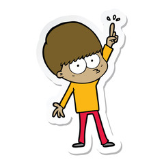 sticker of a nervous cartoon boy with idea