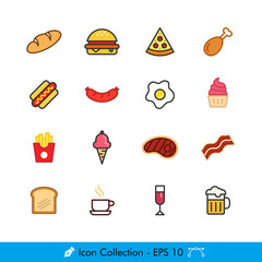 Food and Drink Related Icons / Vectors Set - In Color Design | Contains Such bread, burger, pizza, chicken, hot dog, sausage, egg, cupcake, french fries, ice cream, steak, bacon, toast, beer, coffee