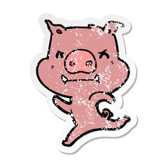 distressed sticker of a angry cartoon pig charging