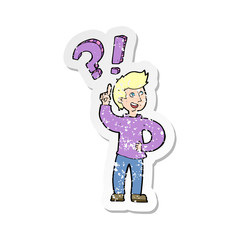 retro distressed sticker of a cartoon man asking question