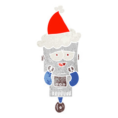 retro cartoon of a robot wearing santa hat