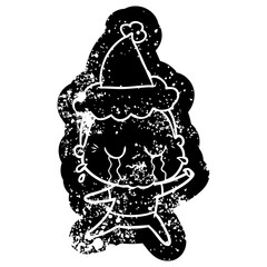 cartoon distressed icon of a crying old lady wearing santa hat