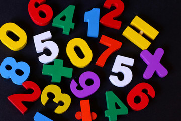 Wooden colour numbers on black background.