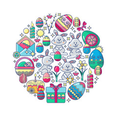 Easter elements arranged in circle. Vector Bunny, gift, egg.