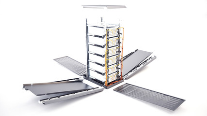 3D rendering of data center server rack tower. Full build with cable management and power supply. Datacenter cloud cluster. Backup, hosting, farm and storage rack.