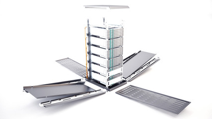3D rendering of data center server rack tower. Full build with cable management and power supply. Datacenter cloud cluster. Backup, hosting, farm and storage rack.