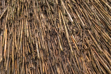 An extreme close up of a thatched roof, detail of the straw and dirt, ideal for a background
