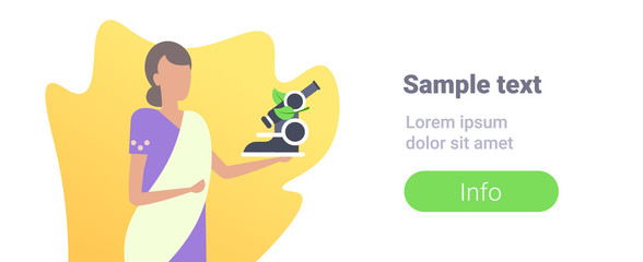 indian woman scientist holding microscope chemistry teacher school worker lady in traditional clothes saree female cartoon character portrait flat copy space horizontal