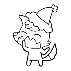 line drawing of a fox wearing santa hat