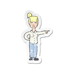 retro distressed sticker of a cartoon woman pointing