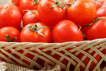 Small red tomatoes in a wicker basket on an old wooden table. Ripe and juicy cherry