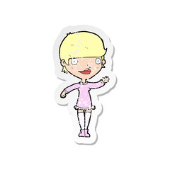 retro distressed sticker of a cartoon waving woman