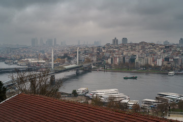 Aerial panorama view to Istanbul, Turkey. Dramatic sky over Bosporus