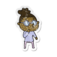 distressed sticker of a cartoon woman wearing glasses