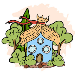 Fairy Tale houses in forests. Hand drawn cute little houses doodle style several objects copy space. Cartoon houses and game icons. Design for poster, invitation card, logo, cover or book.