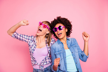 Portrait of two person nice lovely fascinating fashionable attractive charming carefree cheerful...