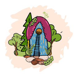 Fairy Tale houses in forests. Hand drawn cute little houses doodle style several objects copy space. Cartoon houses and game icons. Design for poster, invitation card, logo, cover or book.