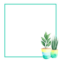  watercolor frame of home plants in flower pots