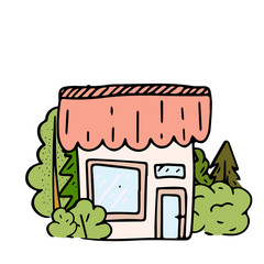 Fairy Tale houses in forests. Hand drawn cute little houses doodle style several objects copy space. Cartoon houses and game icons. Design for poster, invitation card, logo, cover or book.