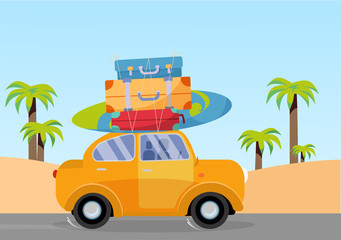 Trveling by yellow car with pile of luggage bags on roof and with surfboard on beach with palms. Summer tourism, travel, trip. Flat cartoon vector illustration. Car Side View With Heap Of suitcases