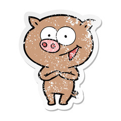 distressed sticker of a cheerful pig cartoon