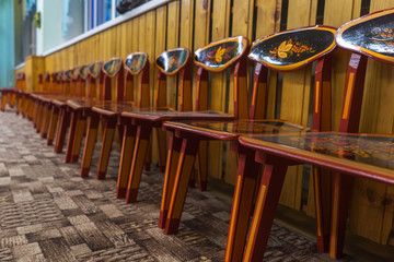 High chairs in a row in the Russian kindergarten.