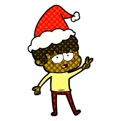 comic book style illustration of a exhausted boy wearing santa hat