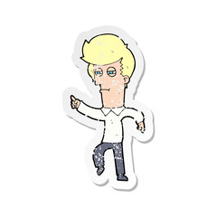 retro distressed sticker of a cartoon man accusing
