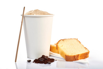 coffee cup and pound cake on white bacground