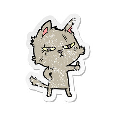 distressed sticker of a tough cartoon cat giving thumbs up symbol
